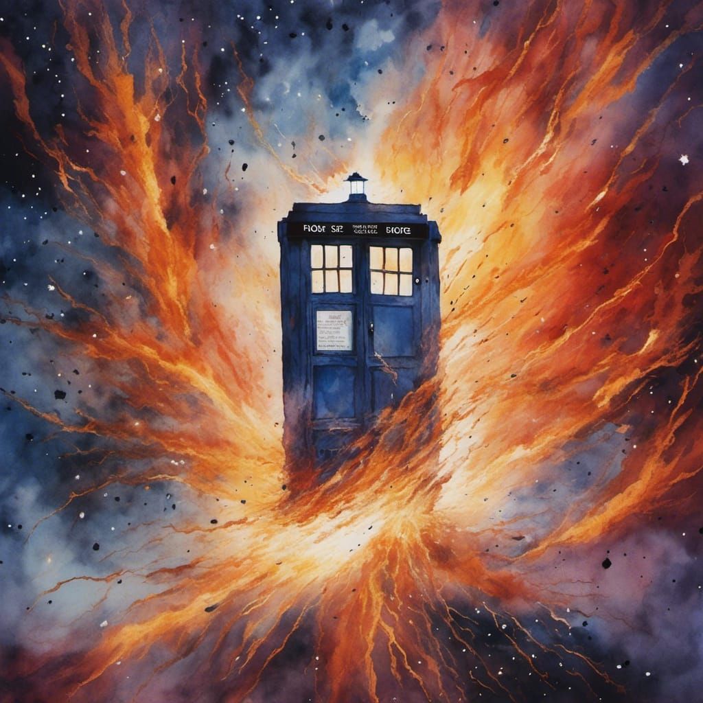 <lora:Fire-Rain:1.0>The Tardis flying through a wormhole made from fire lightening, time stretched sparks, chaotic, raining, watercolour pai...