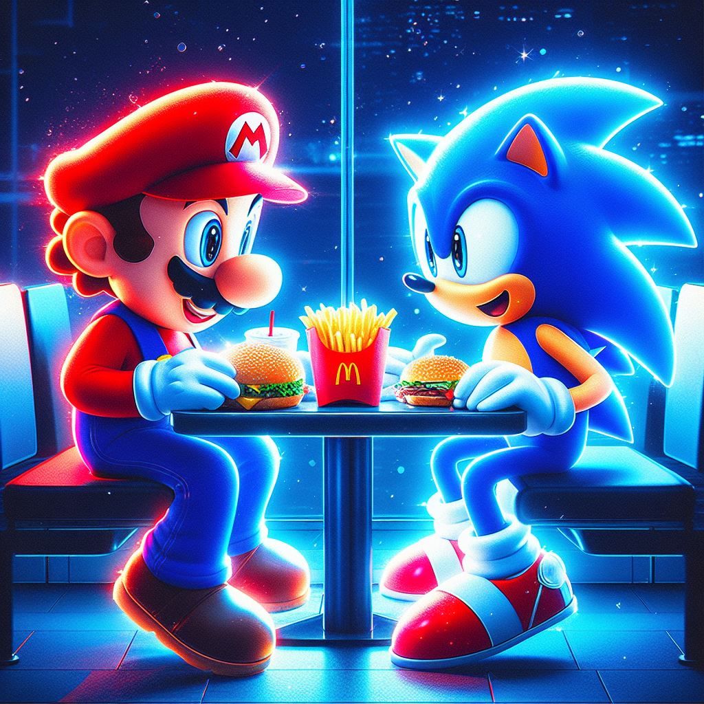 Sonic and Mario eating their meal together at a fastfood restaurant
