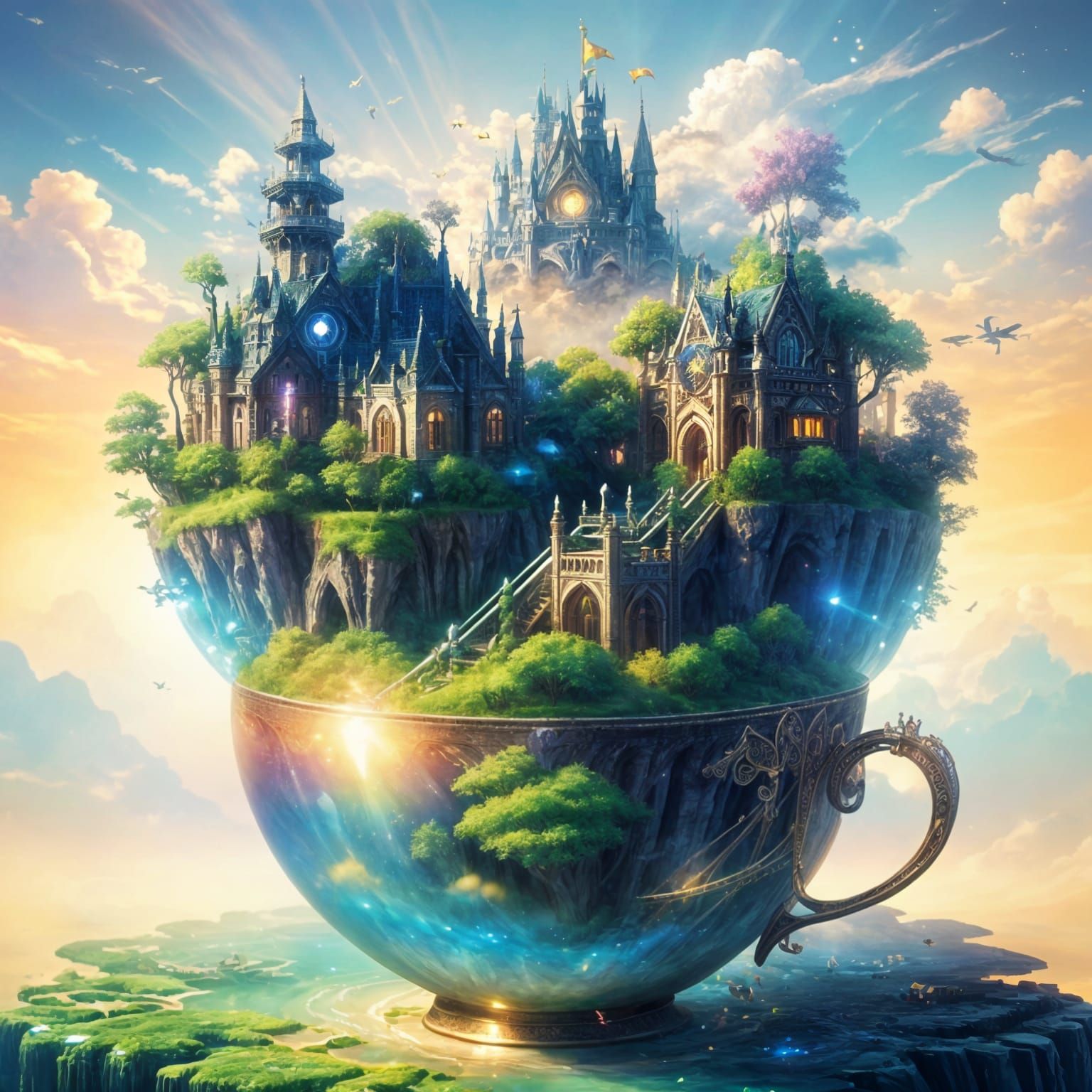 <lora:Suno:1.0> Eine Teetasse, aus der eine magisches Land an den Seiten hervorquillt. dynamic lighting ...  by @Miss Wunderlich