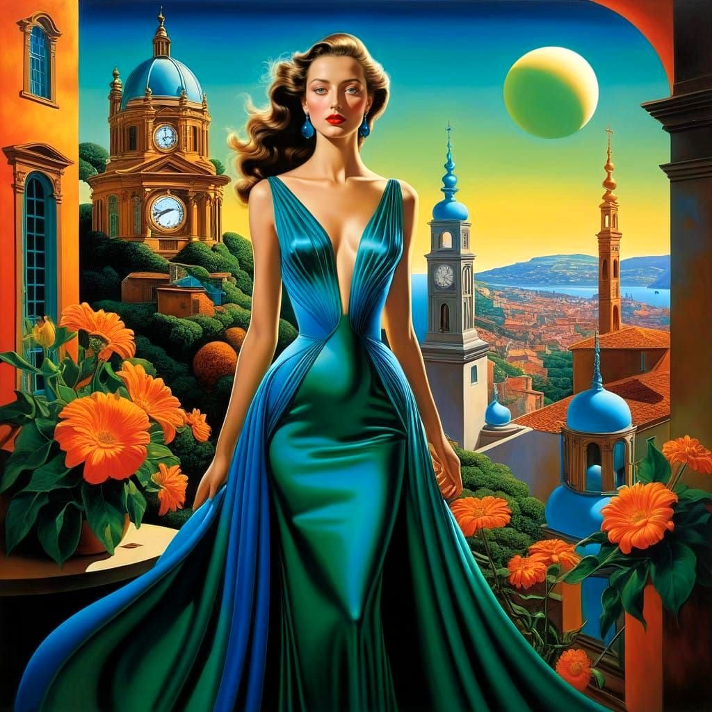 Elegant Female Figures in Vibrant Surrealistic Landscapes