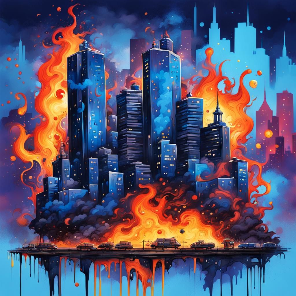 Blue city island with a flaming city nightscape in the background graffiti art, splash art, street art, spray p...