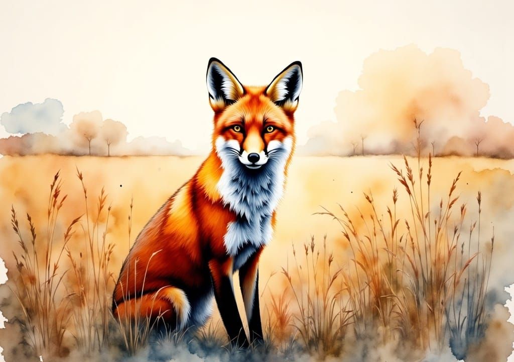 <lora:Watercolor Flux:1.0> Soft textured watercolor centered portrait of a beautiful redfox in a field. Elaborate country background, Master...