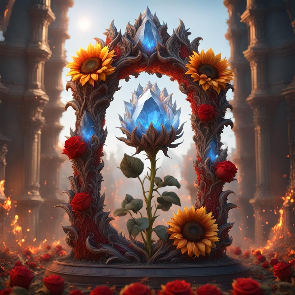 Crystal Sunflower with Fire Roses Fantasy Art