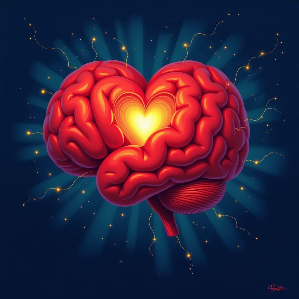 Surreal Brain and Heart Connection with Gold Filigree