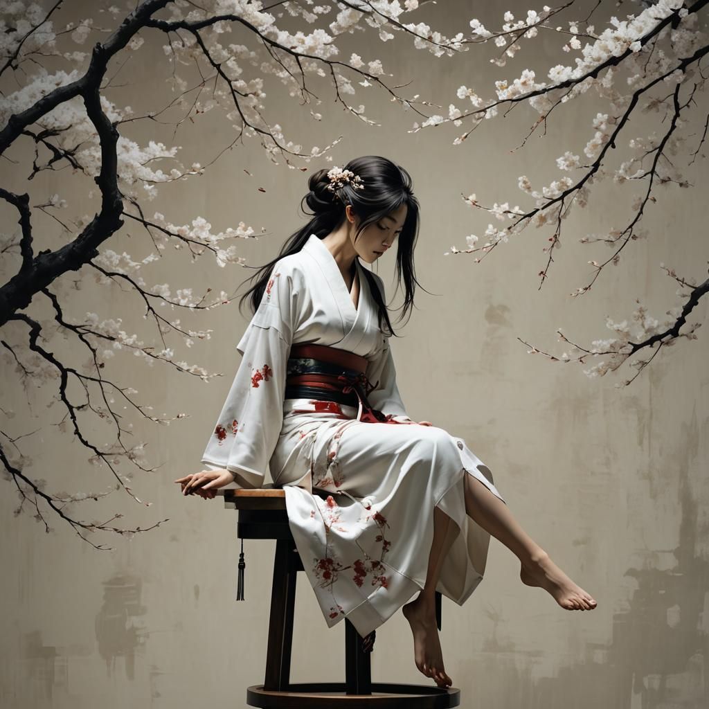 Japanese Girl Silhouette in Cherry Blossom Radiance