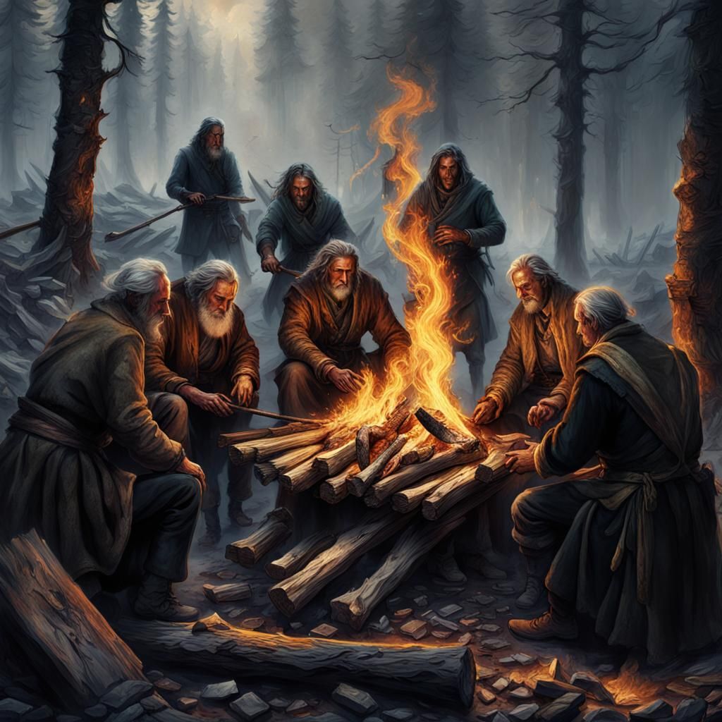 6 men huddle around a dying fire, each with a piece of wood. 5 of the ...