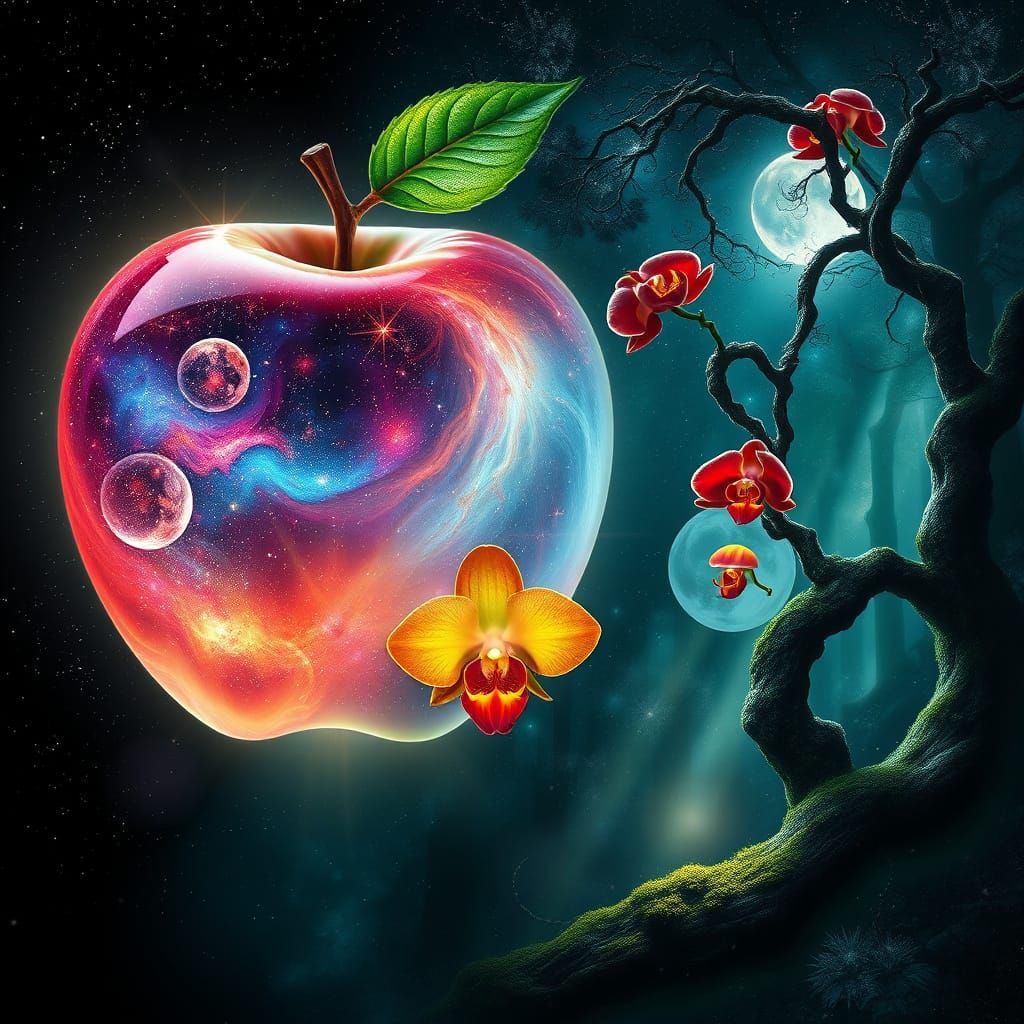 Dreamlike Cosmic Apple Blossom in an Enchanted Forest