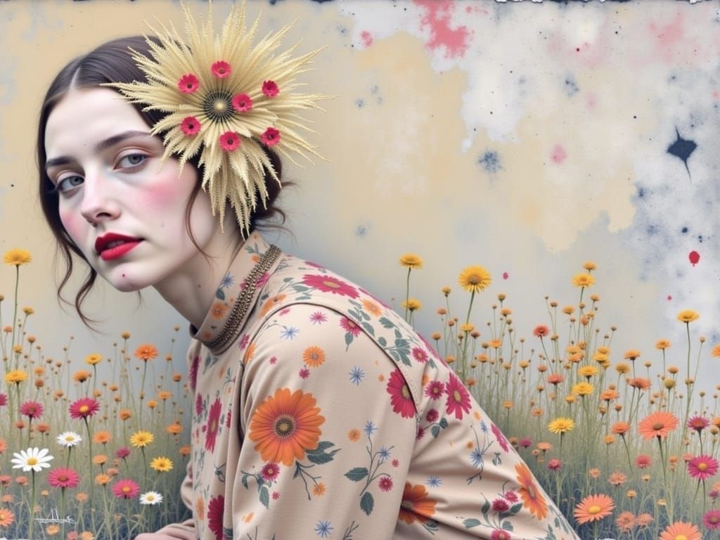 <lora:Atmosphere in Flux:1.0> woman with fanciful floral background in the style of Klimt with shimmering gold and colorful abstraction usi...