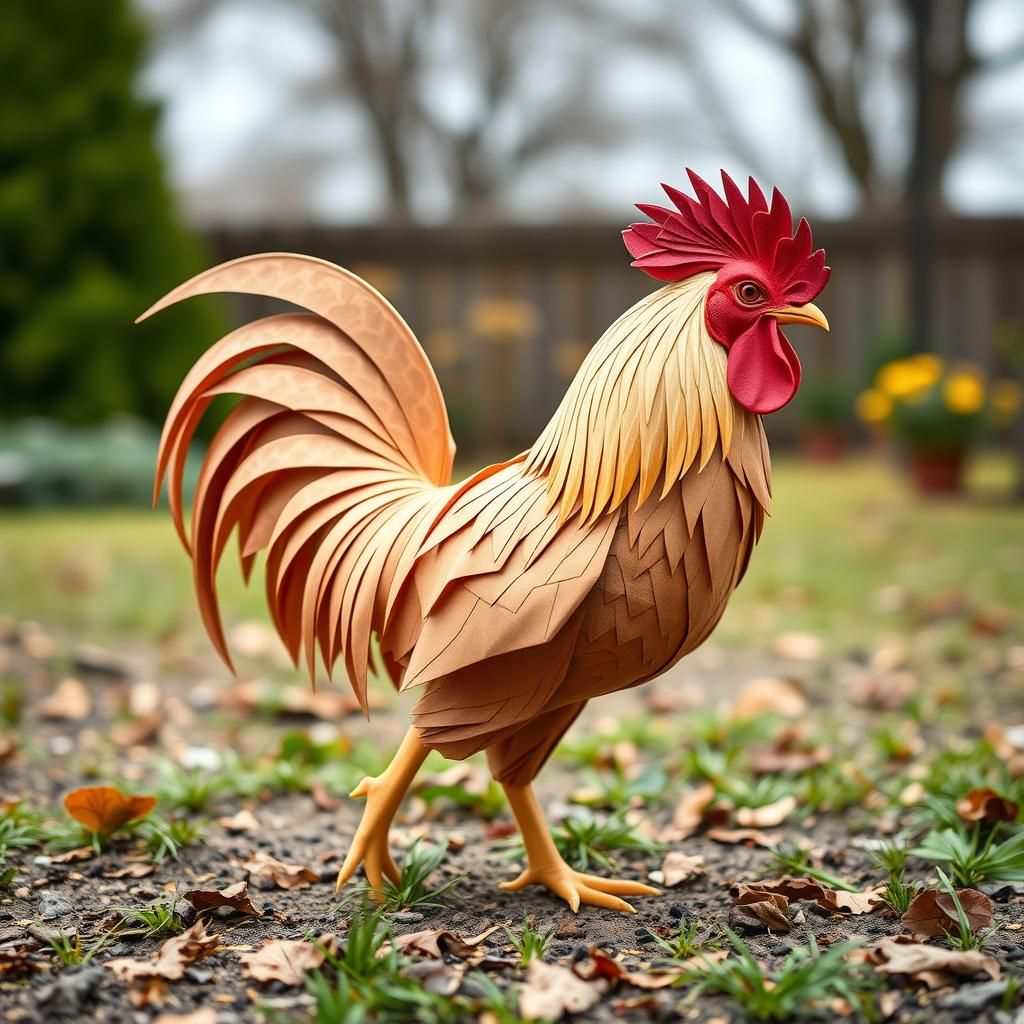 a heavily plucked but undefeated rooster walks proudly around the yard