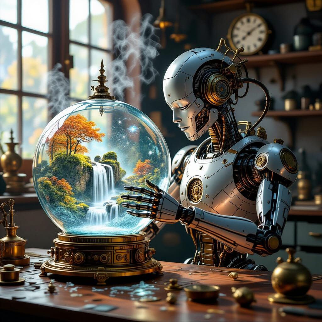 A surreal, clockwork automaton cyborg meticulously crafting a autumn waterfall within a glass sphere. ...  by @Howling wolf Owl