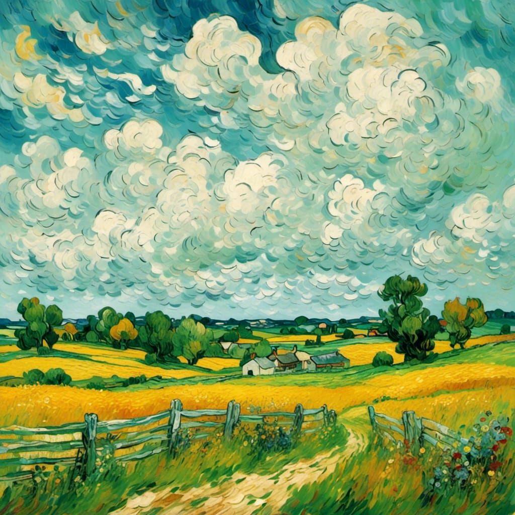 <lora:Van-Mo:1.0> A beautiful pasture with a white post fence and large billowy clouds