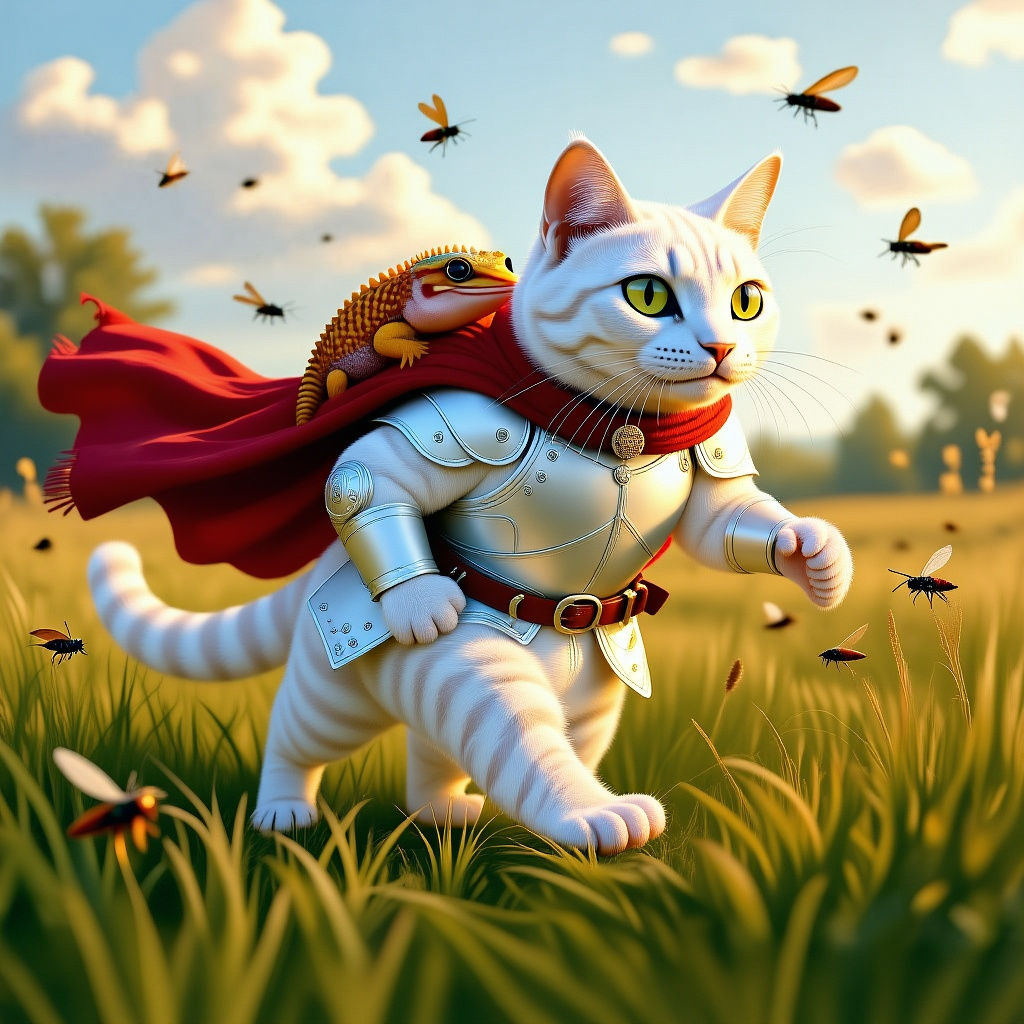 
A regal gray tabby cat in armor, running through a field of crickets with a pearl colored leopard gecko on his back while she also fights the
