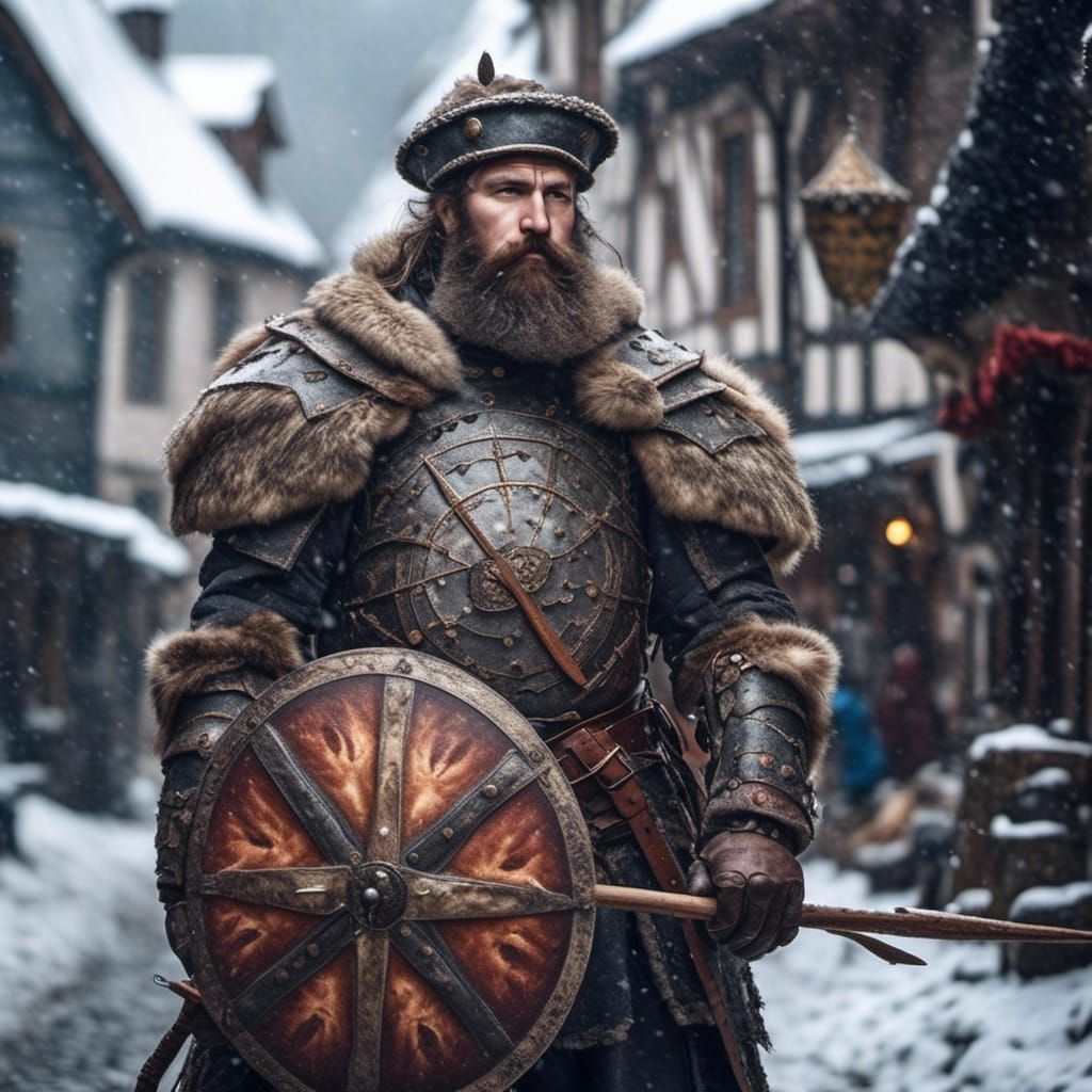 <lora:NC Hyperreal:1.0> bearded guardsman with shield and sp...