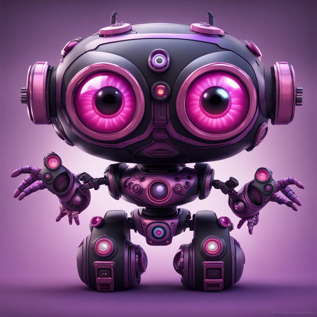 A cute, black,pink and purple futuristic robot. It has two b...