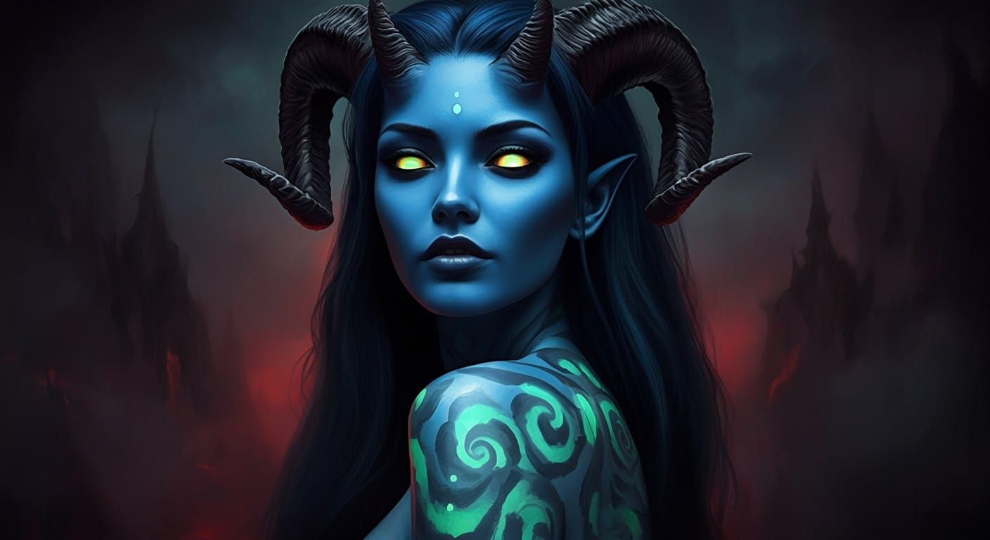 Mystical Blue Woman with Glowing Tattoos