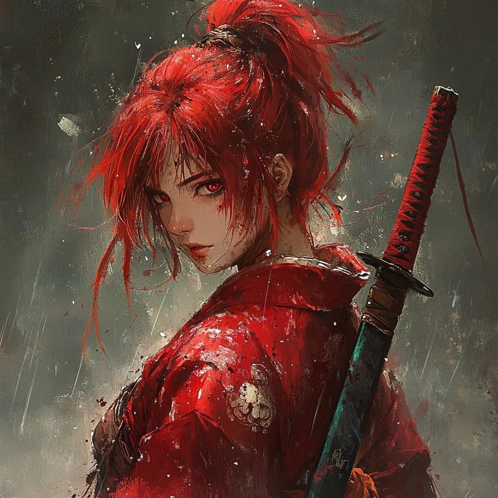 The female samurai, her red hair tousled in the rain, slowly turns toward the camera. Her gaze sharpens. She draws her katana from the sheat...
