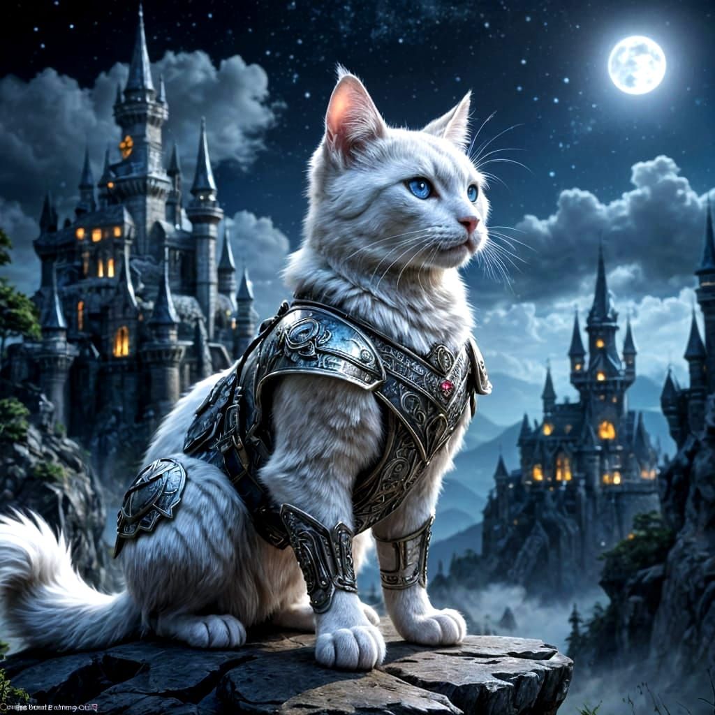 A regal white cat, adorned in a miniature suit of ornate, silver armor, stands guard before a towering ...  by @h7sus2