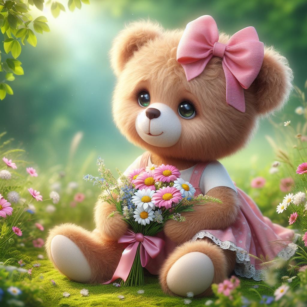 Cute teddy bear girl has collected some flowers.