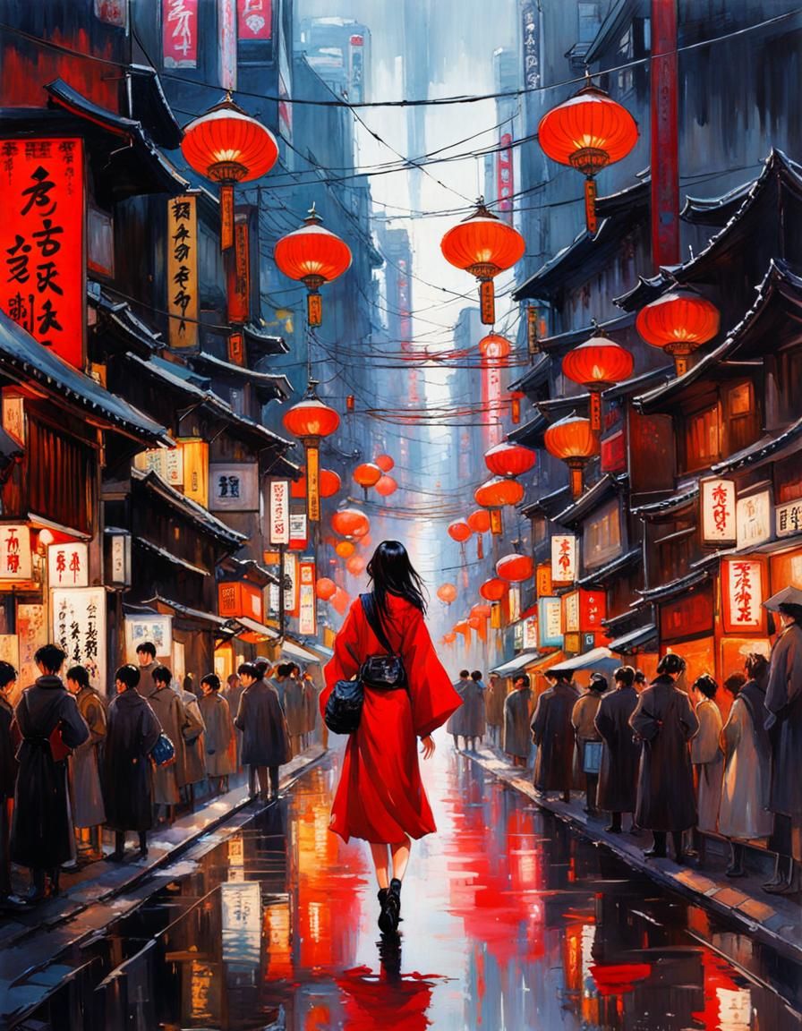 Beautiful Japanese Girl in Tokyo Street, Splash Art