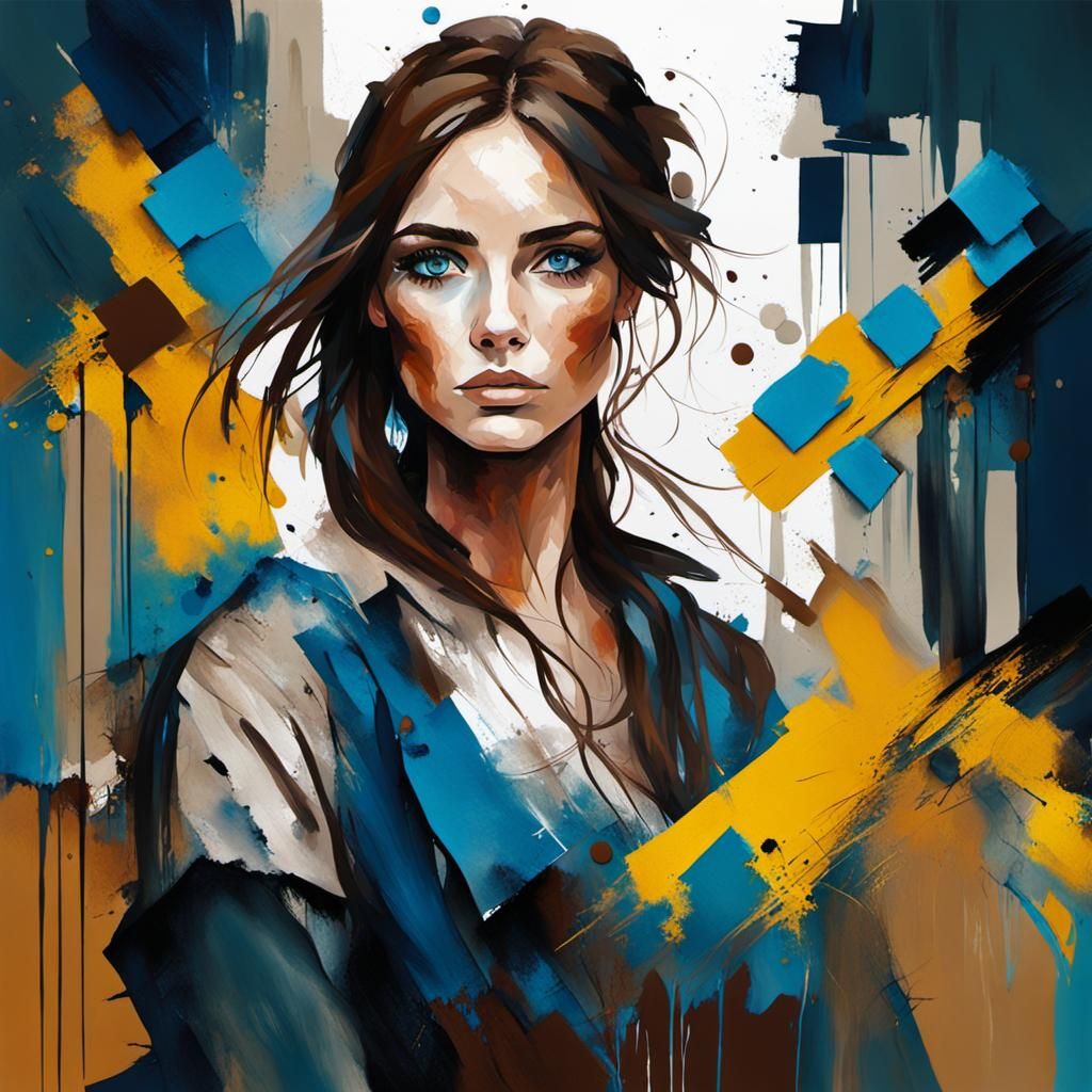 A beautiful but messy painting of a girl with blue eyes and ...