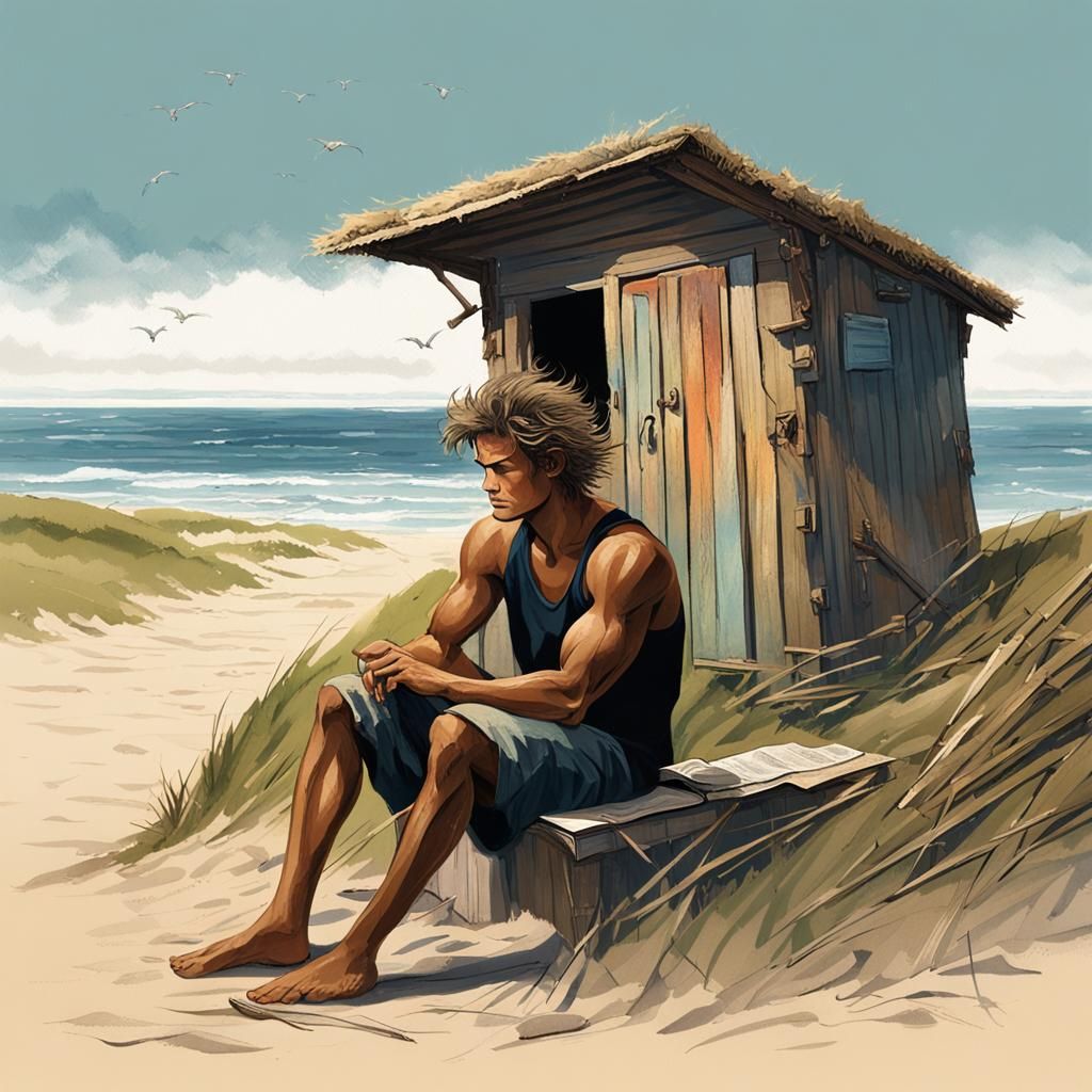 A handsome young sits in solitude on a grassy noll by his beach shack, overlooking the sea, he is covered in sand and water, he runs the san...