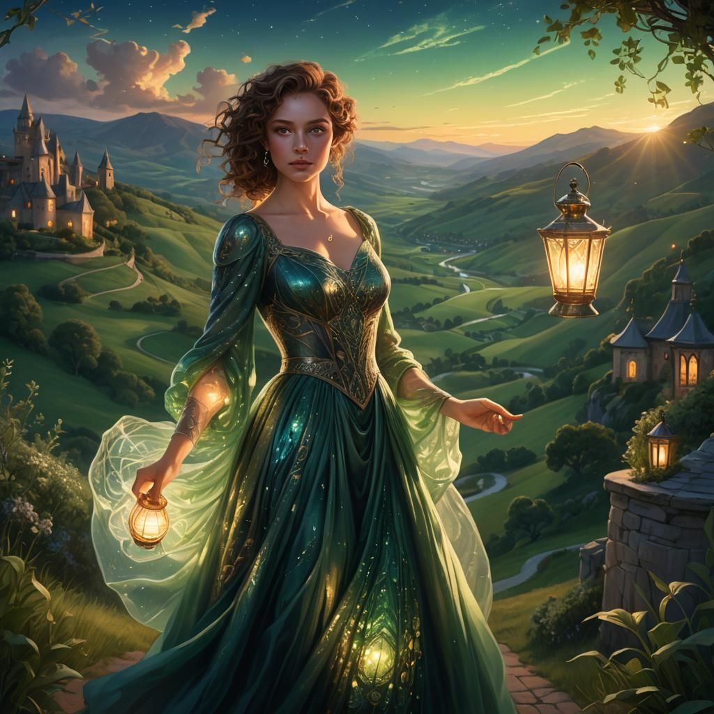 Woman with Lantern in Mystical Landscape