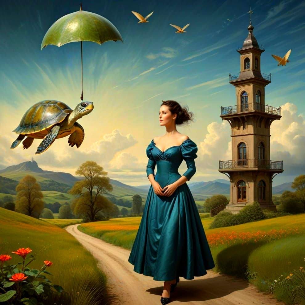 Vibrant Lady in Surreal Landscape with Giant Flying Turtle