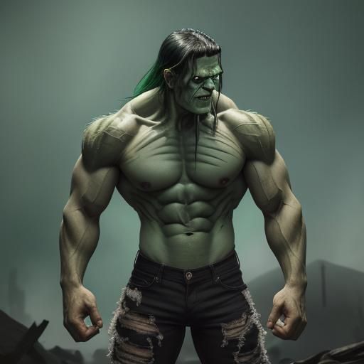 Frankenstein Monster, long dark green hair. - AI Generated Artwork ...