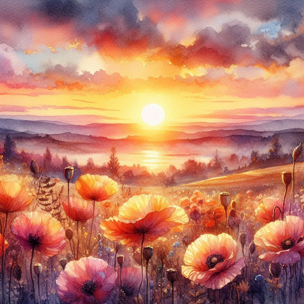 Sunset over a watercolor landscape2