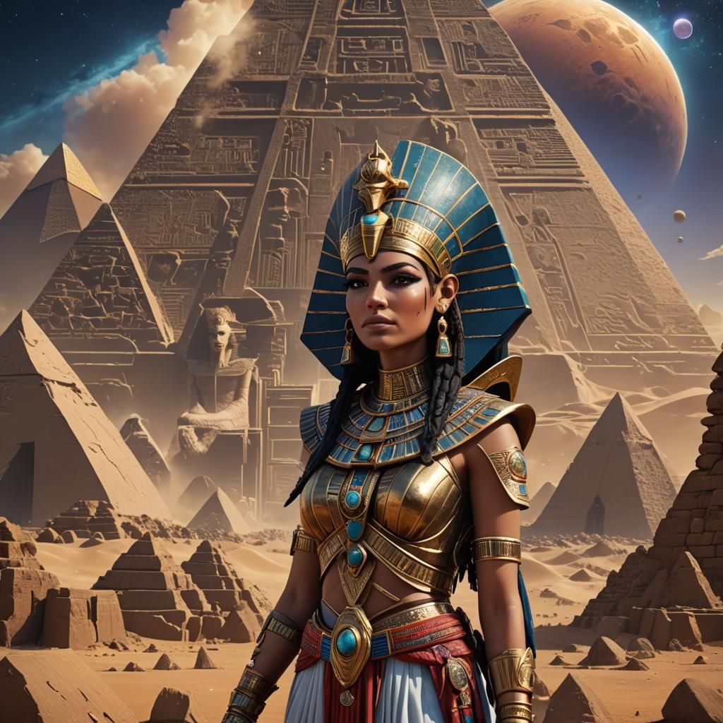 Egyptian queen next to the space pyramids detailed matte pai...