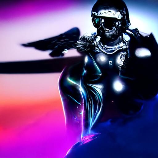 Valkyrie with an eagle holding chains in a blue sky and star...