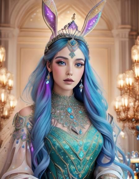 Dramatic Portrait of a Young Debutante with bunny-tiara bejewelled <lora:KBunny001:1.0> at a Victorian Banquet. centred. beautiful hybridiza...