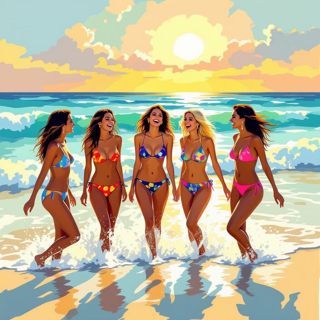 Vibrant Beach Scene: Women Enjoying Sunny Day