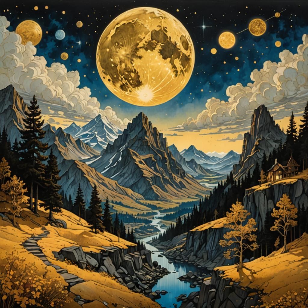 ✨🪷🕸️, ink gold design : Maxfield Parrish / Anselm Kiefer / Jacek Yerka  by @g r r c