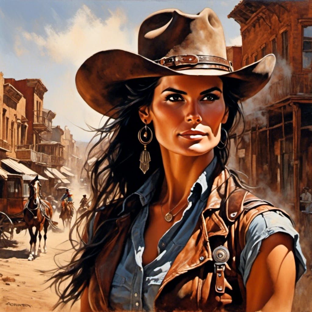 Head and shoulders portrait of gunfighter Angie Harmon on a ...
