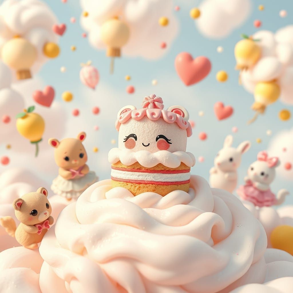 "In a dreamlike, ultra-kawaii world, a tiny joyful cake with sparkly eyes and a soft red blush ...  by @Inow