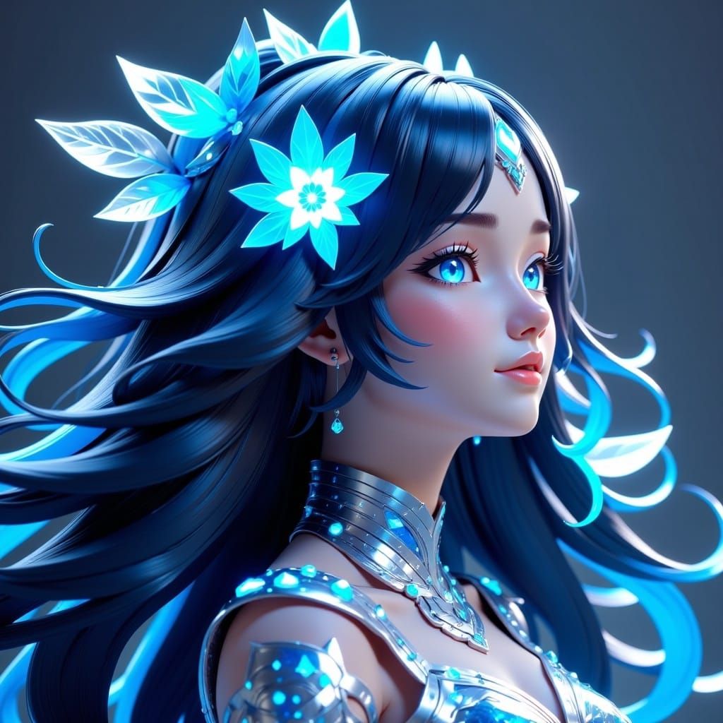 <lora:Anifutronica Fx:1.0>, crystalline goddess, blue glowing flower eyes, long hair, detailed head and shoulders portrait, detailed intrica...