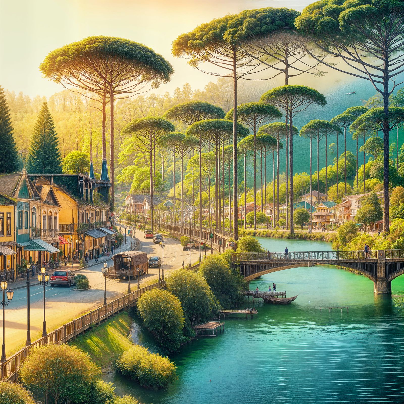 A street by lake Barigui in Curitiba during summer, a river ...