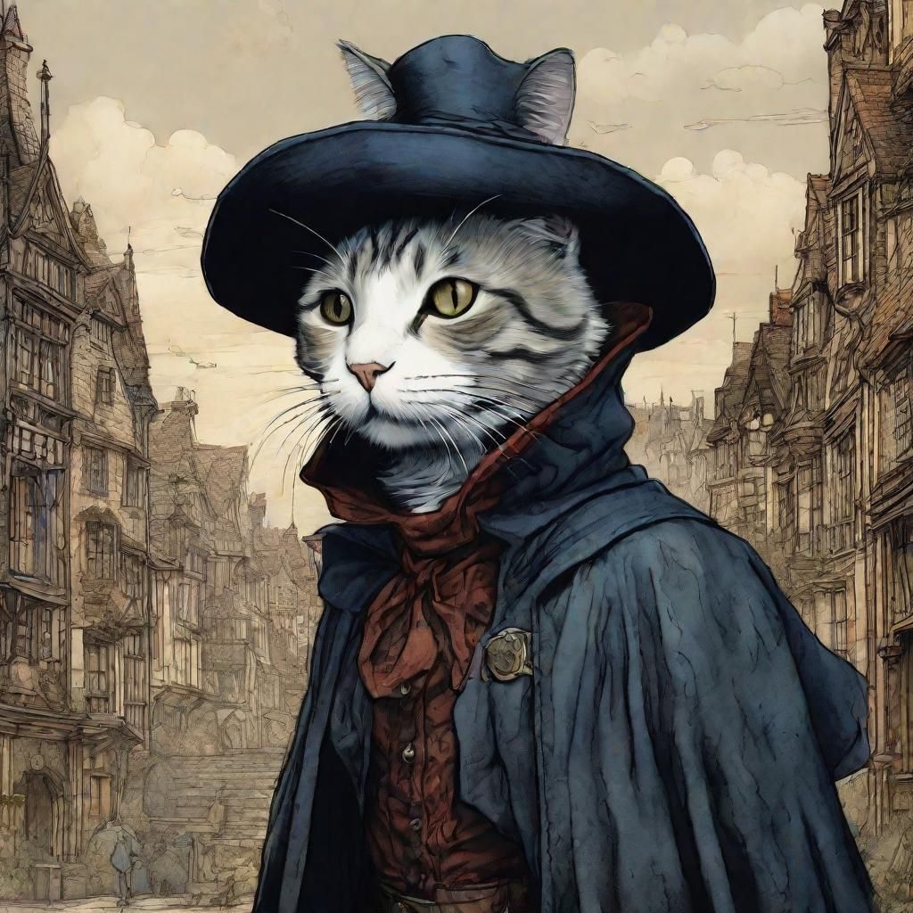 Style of Arthur Rackham, a cat wearing a cloak and hat - AI Generated ...