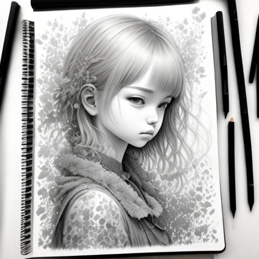 graphite, notebook, black and white, monotone, <lora:Heug-Yeon Migseu:1.0>