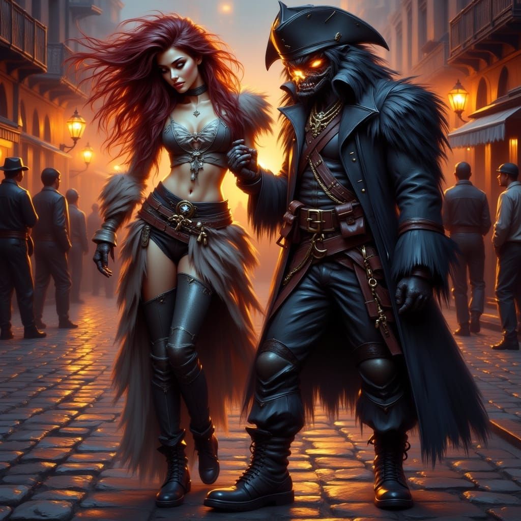 <lora:BeautyStrokesV2:1.0> the glowing-eyed tattooed pirate with the star emblem, the fierce female pirate captain, and the imposing anthrop...