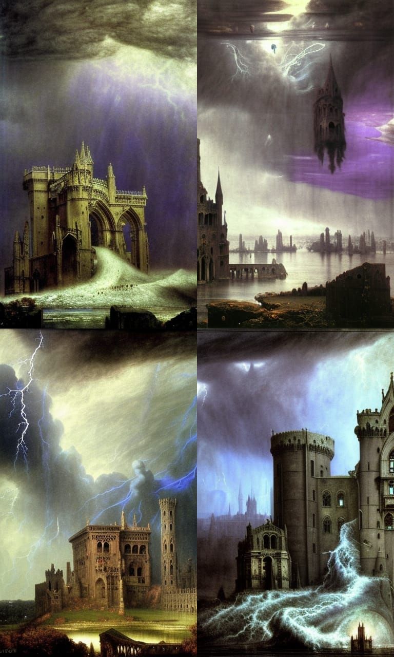 Epic colossal gothic castle, thunderstorm by Arnold Bocklin,...