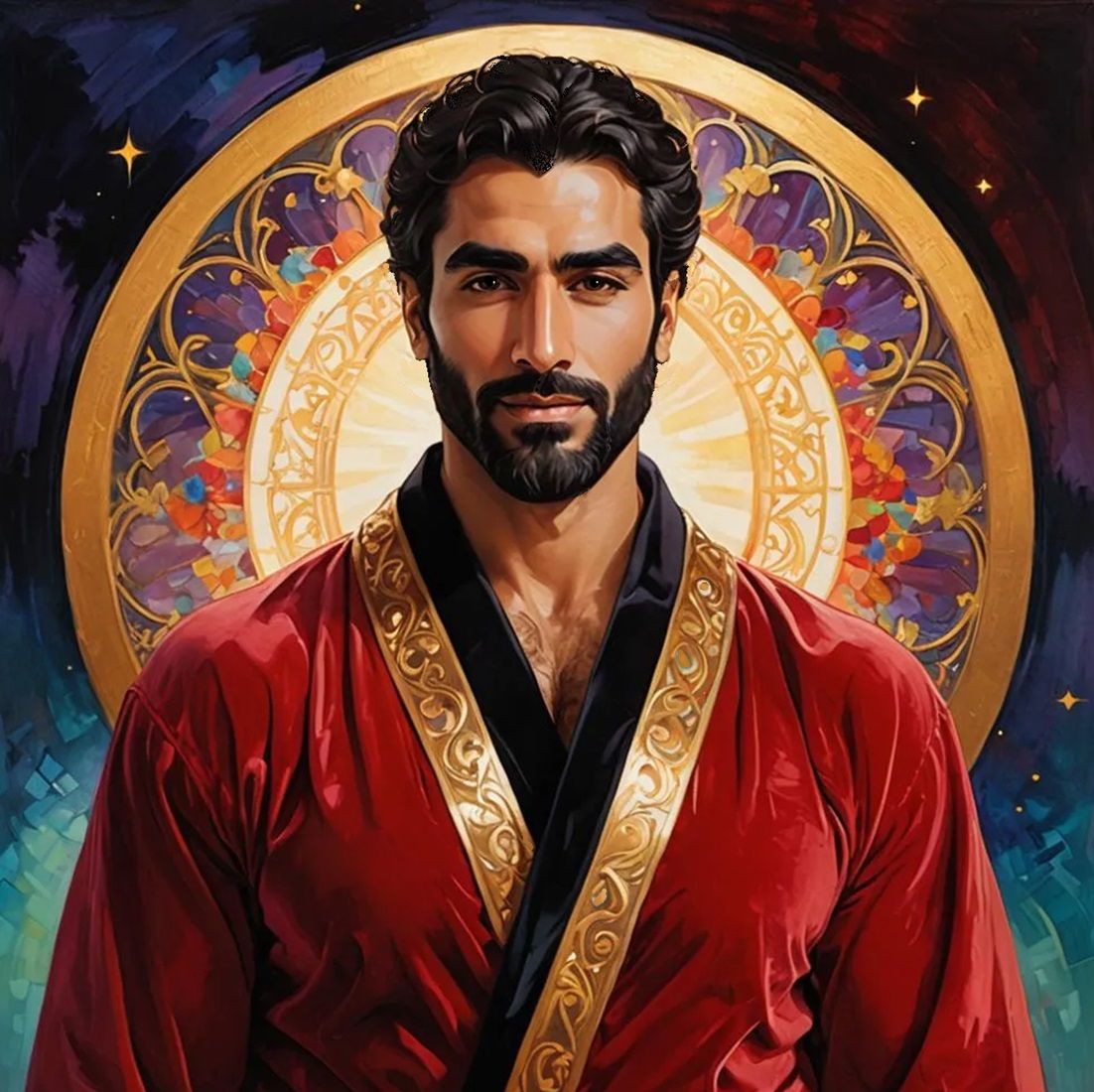 A handsome cute bearded man wearing a red    velvet robe wit...