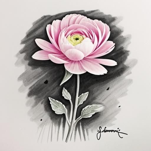 Botanical ink drawing of a pink flower