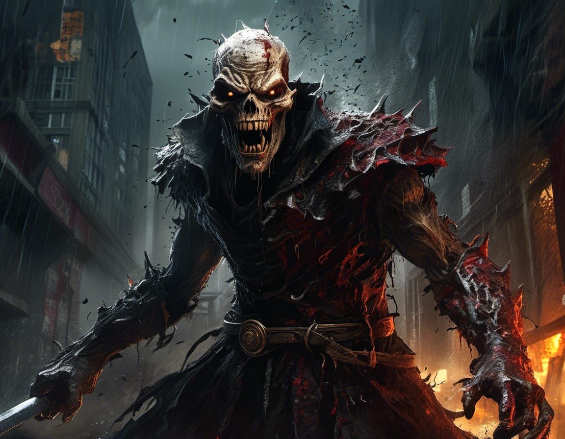 <lora:Scary Faces XL:1.0> Rain on the ((scarecrow))!! blood ...