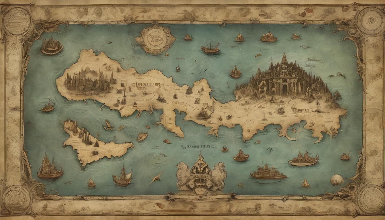 Archaic old fashioned map showing the directions to the ocean temple, “here there be monsters”, old fashioned ...  by @MarK Johnston