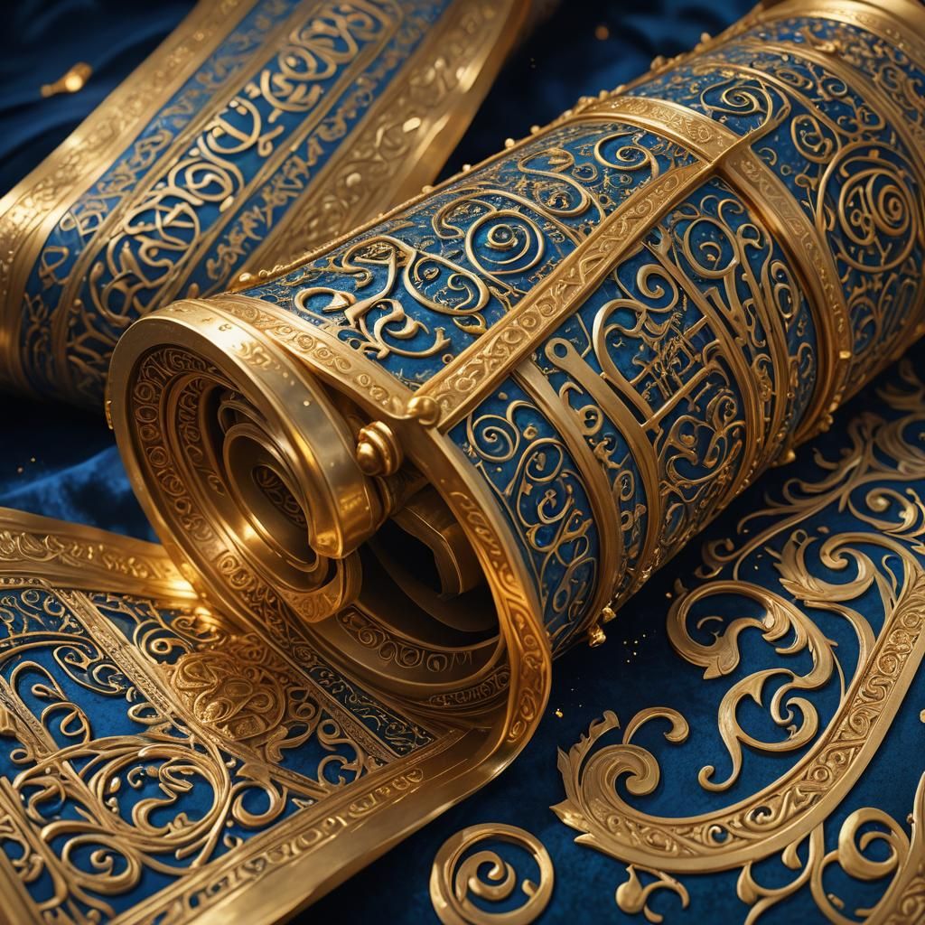 Golden Torah Scroll with Intricate Hebrew Text