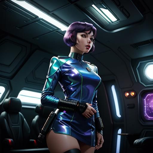 space alien pinup with short purple hair, wearing a retro-sci-fi A-line iridescent mother of pearl  miniskirts tight dress uniforms with uti...