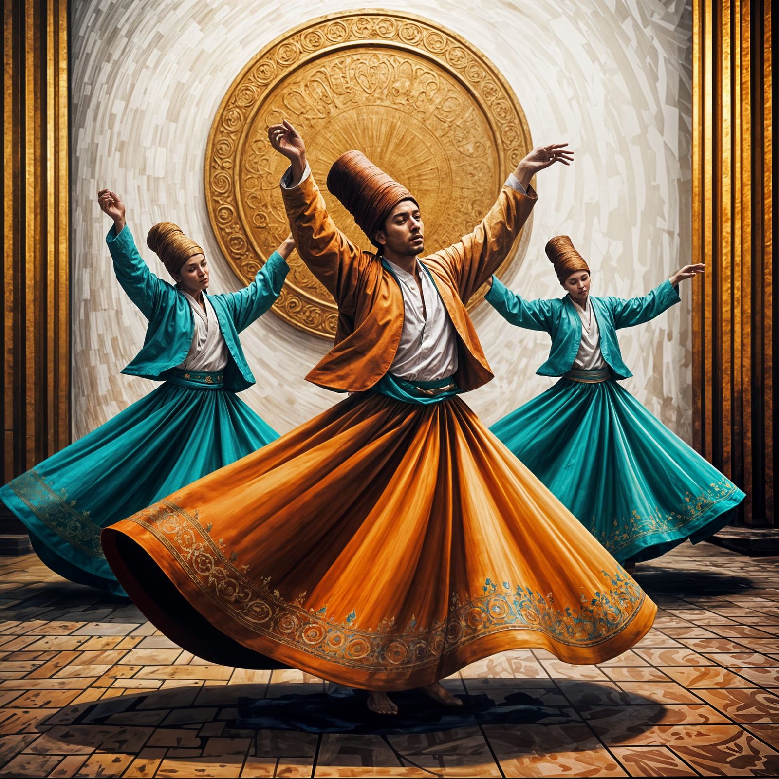 Three abstract dancing dervishes wearing skirts each in a co...