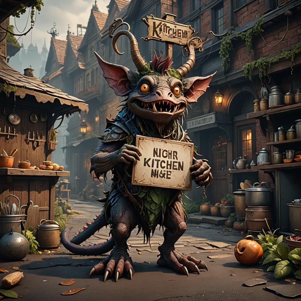 ugly creature with a sign that says kitchen